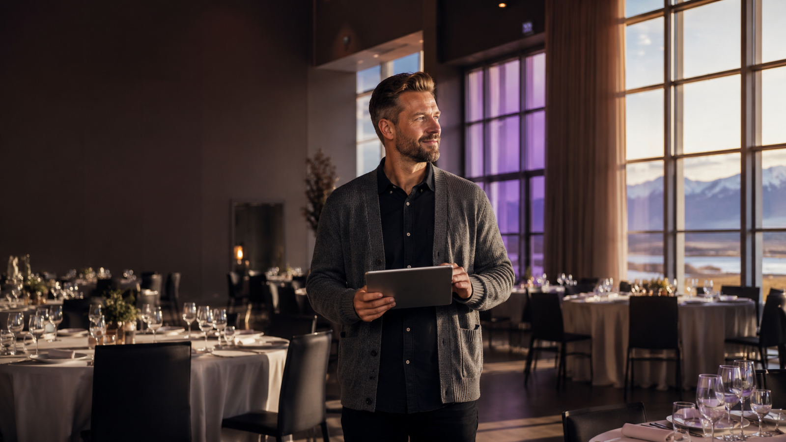 A venue operator holds a tablet in a set banquet hall, looking out toward mountains at dusk, dressed round tables all around.