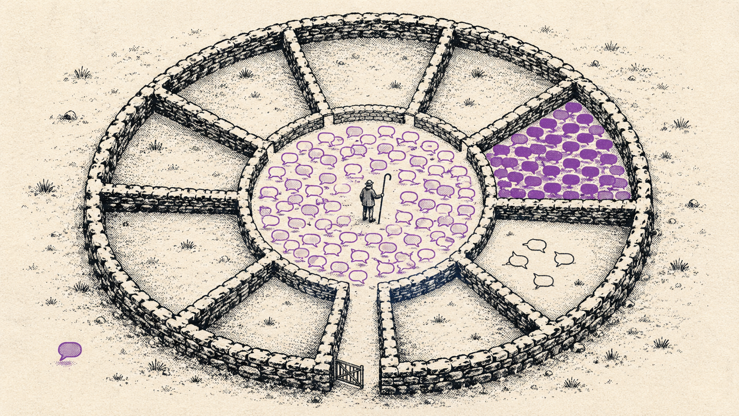 An illustration of a circular Icelandic sheep-sorting pen seen from above. A shepherd in the centre sorts text-message bubbles into pens, one filled with purple replies and another holding a few unanswered outlines