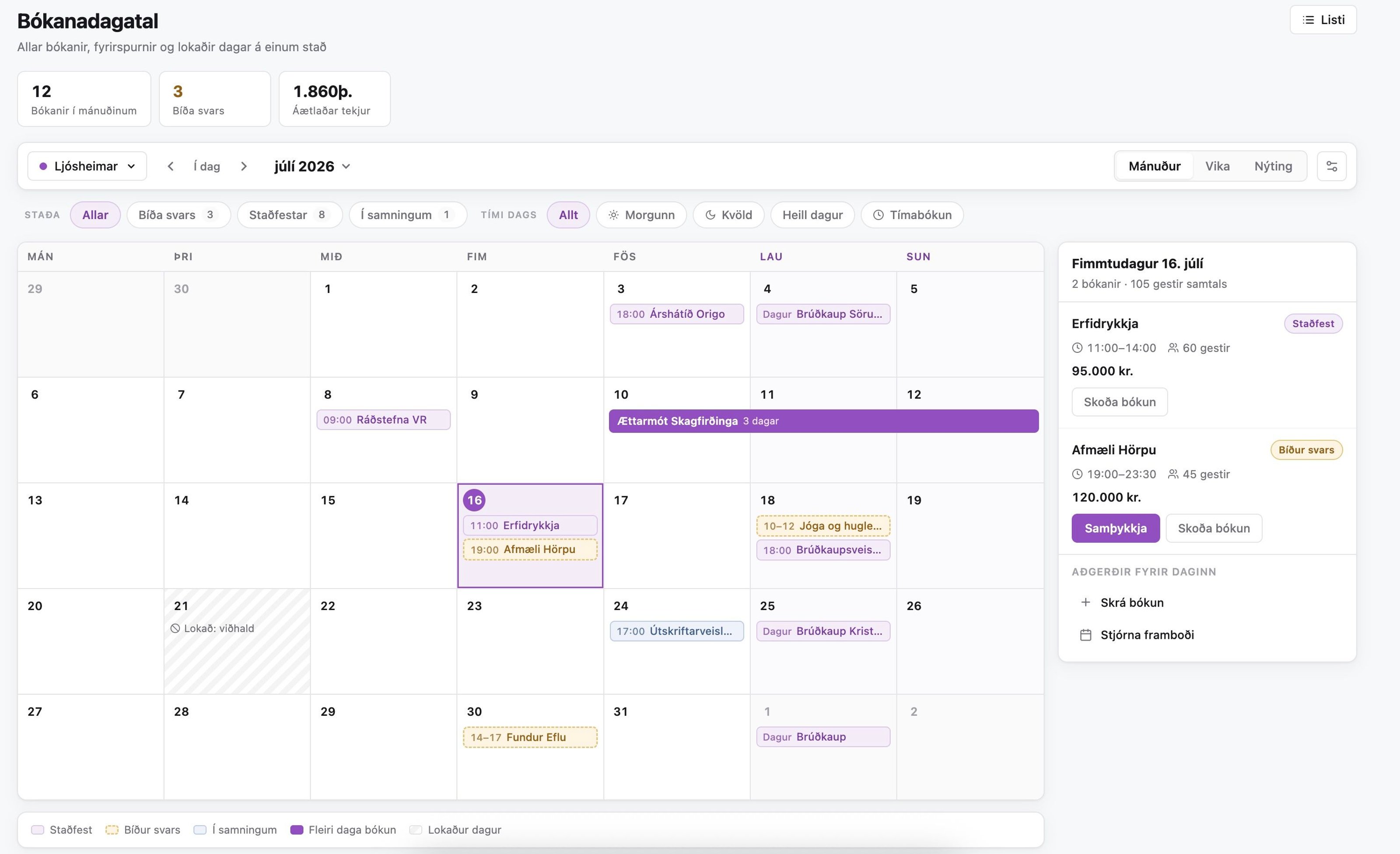 Booking calendar overview in the Melda dashboard