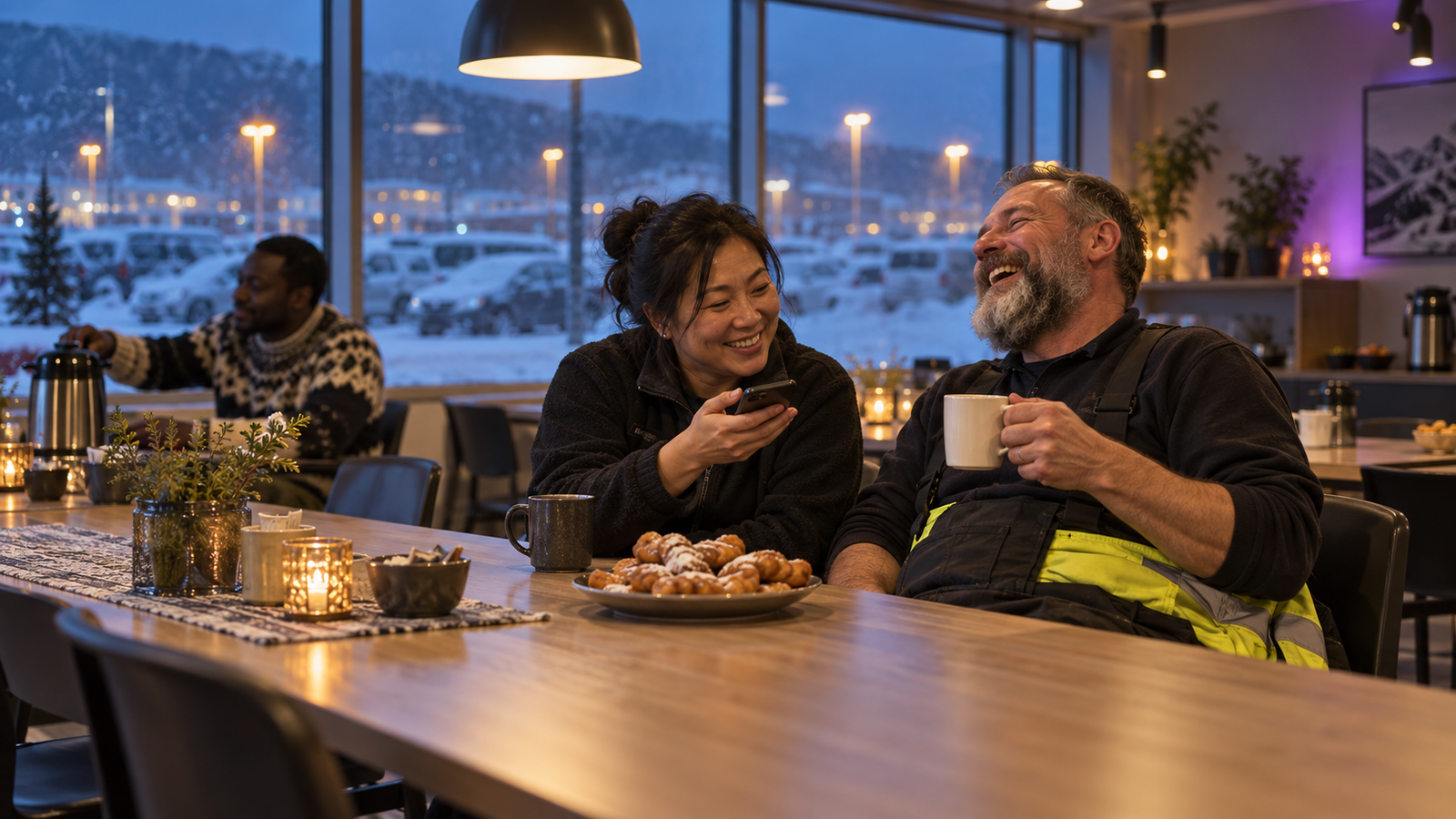 Two colleagues laughing together over coffee and kleinur in a staff canteen on a dark winter afternoon, a third pouring coffee in a lopapeysa behind them